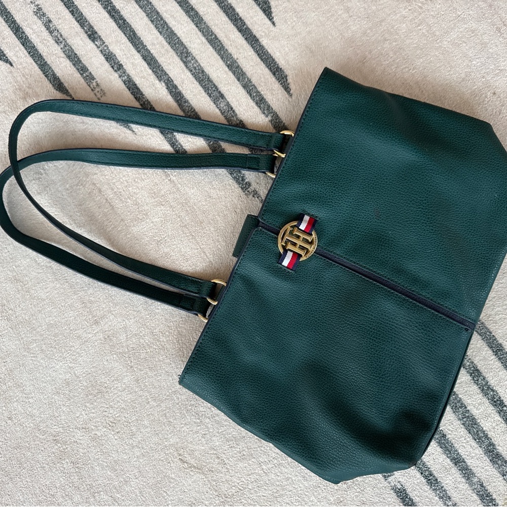 Tommy Hilfiger Green Pebbled Leather Tote Bag Classic Preppy Shoulder Bag